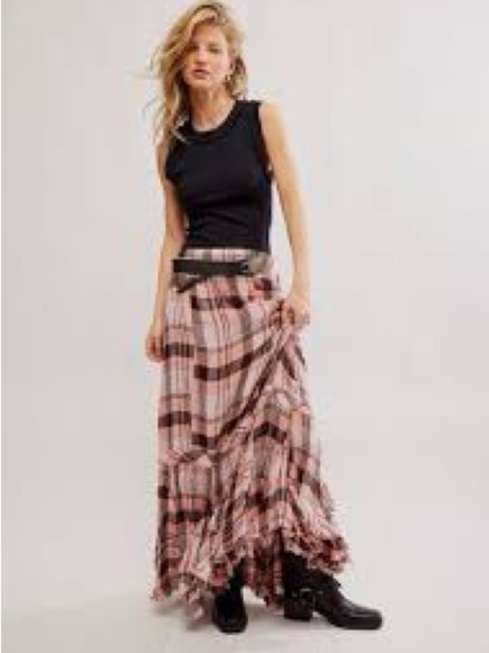 NWT Free People skirt Bordeaux Plaid Tiered Maxi peach - renaissance S (XS-M?) - Picture 4 of 17